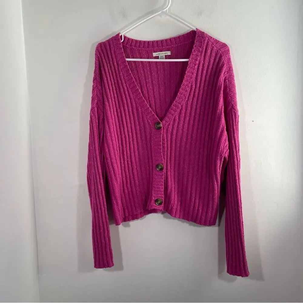 American Eagle Berry Pink Nubby Knit Button Front Sweater Cardigan Medium